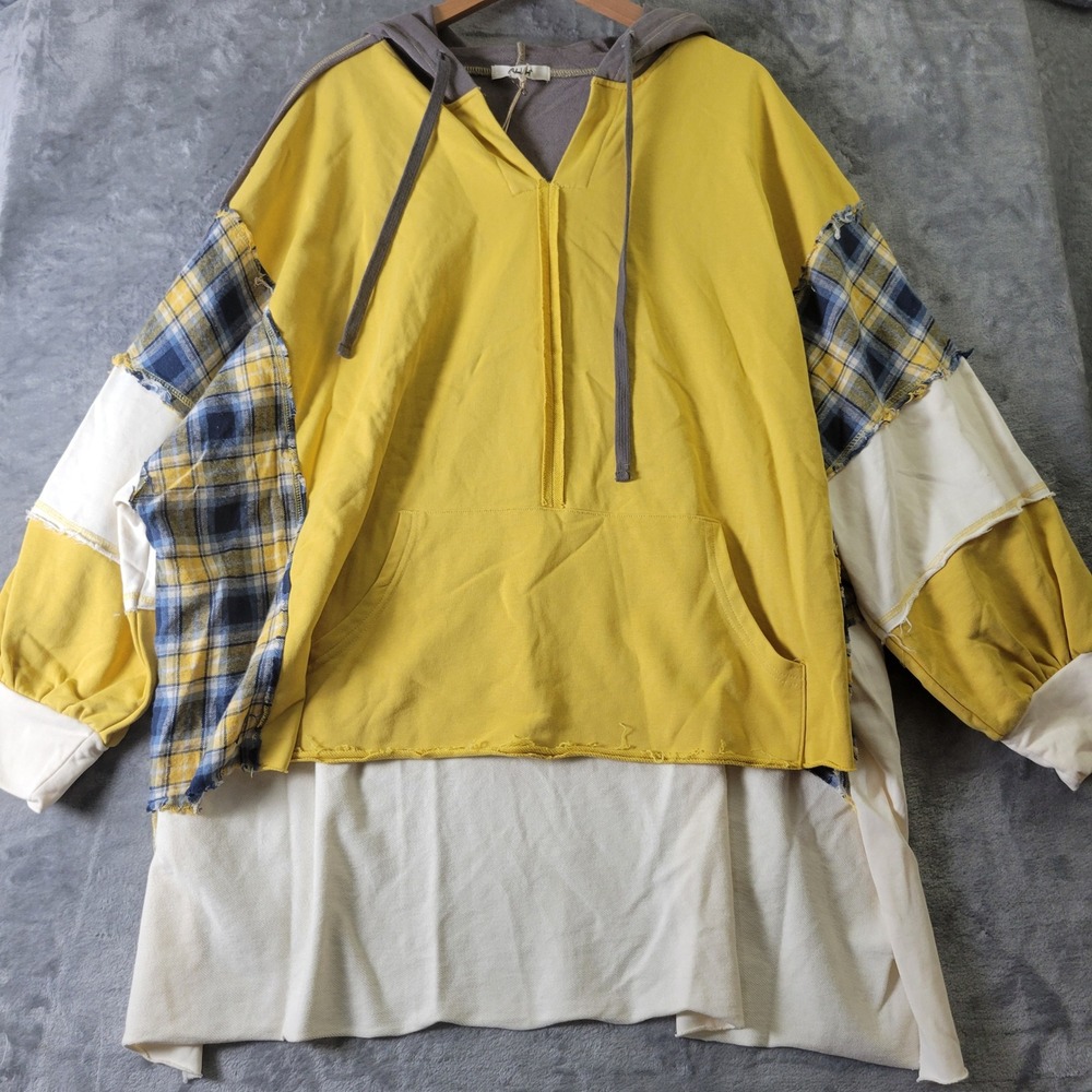 Blue Velvet Mustard Combo Patchwork Hoodie Oversized Plaid Boho L NEW